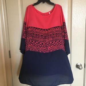 Coral/Navy Blue  3/4 sleeves Tunic